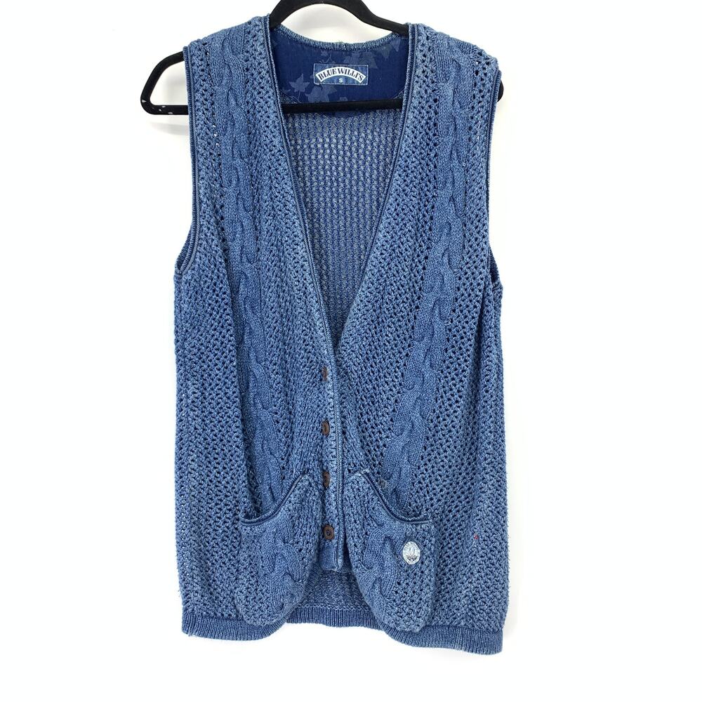 Blue Willi's Indigo Dyed Knit Vest Womens Sz Small Front Pockets V-Neck *READ